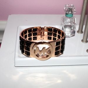 Gold MK Logo Cuff Bracelet w/ Black Leather